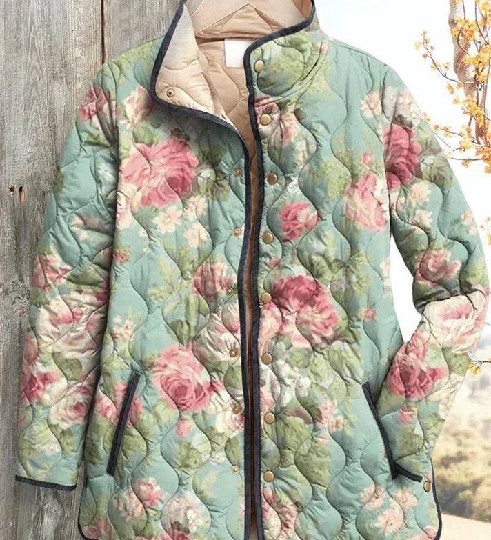 Gina™ | Quilted Jacket with Large Roses in Sage