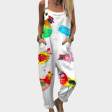 White Dungarees with Colourful Chickens