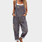 Dungarees with Scattered Flowers Grey-Blue