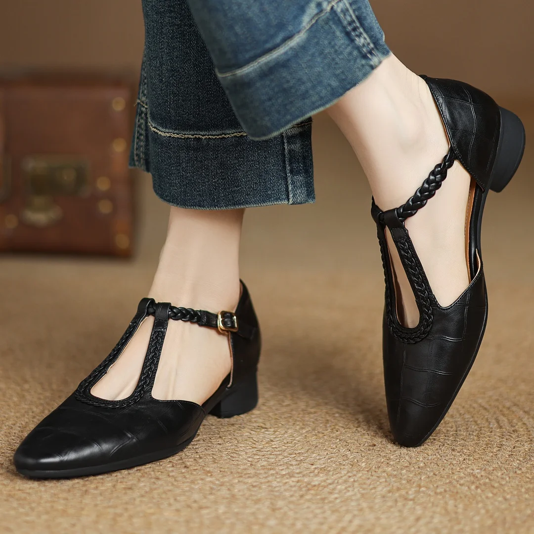 Elizabeth - Leather Strap Shoes with Woven Detail