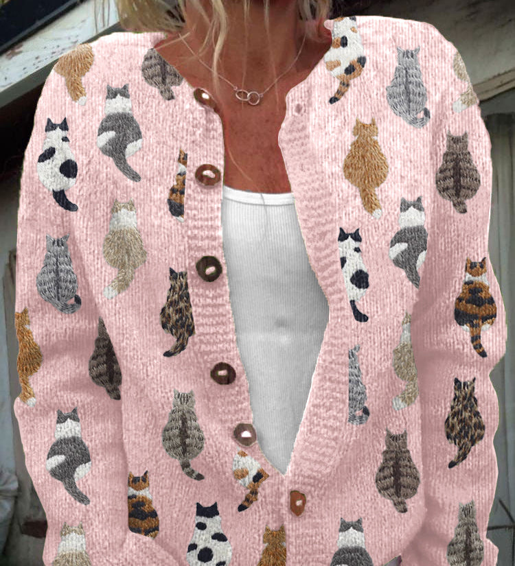 Charlotte | Cozy Cat Print Knit Cardigan