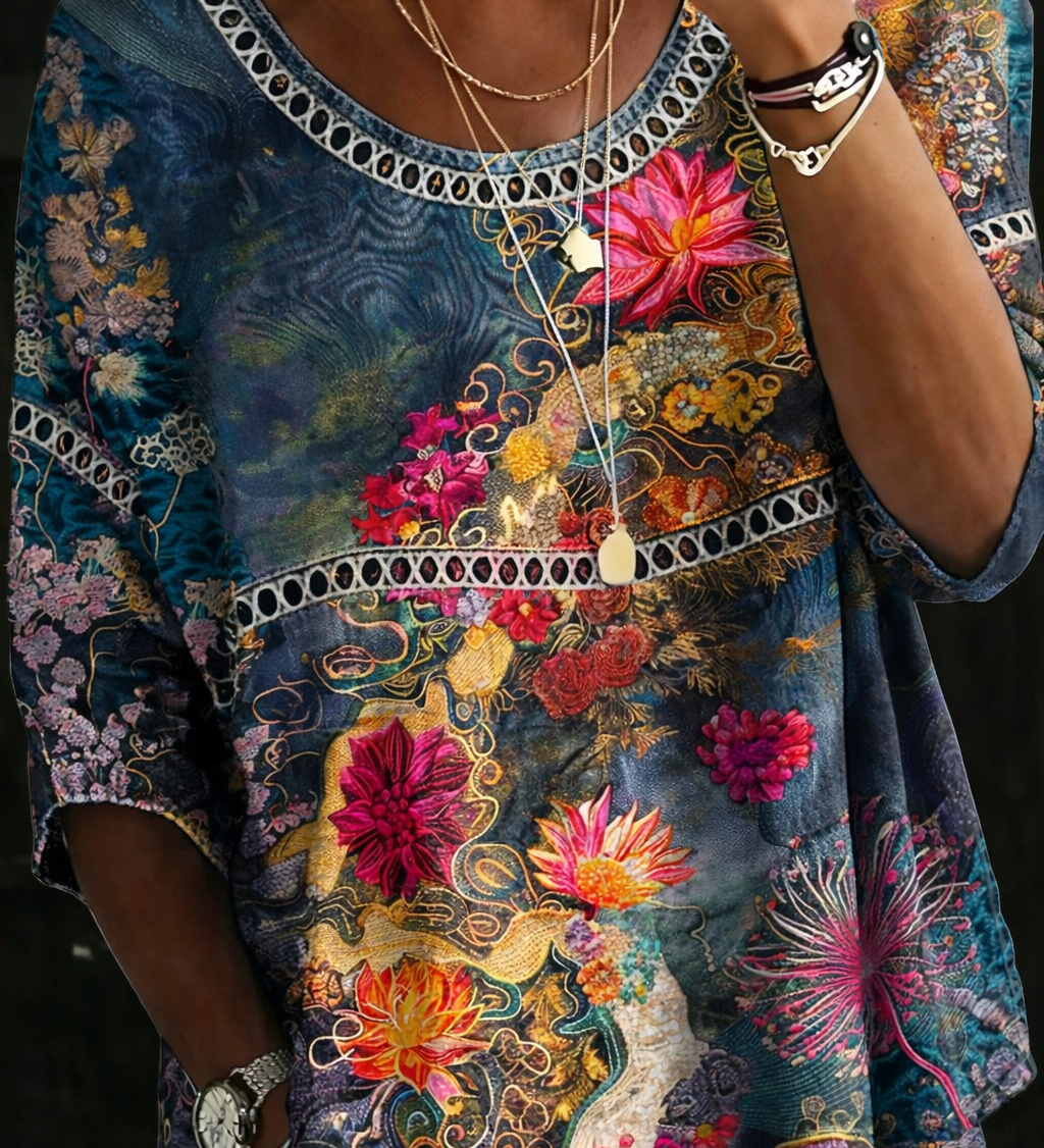 Ava | Vintage Floral Denim Blouse